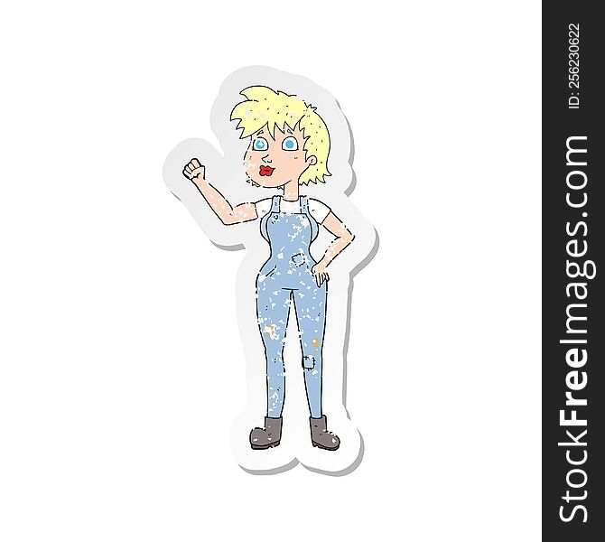 retro distressed sticker of a cartoon confident farmer woman