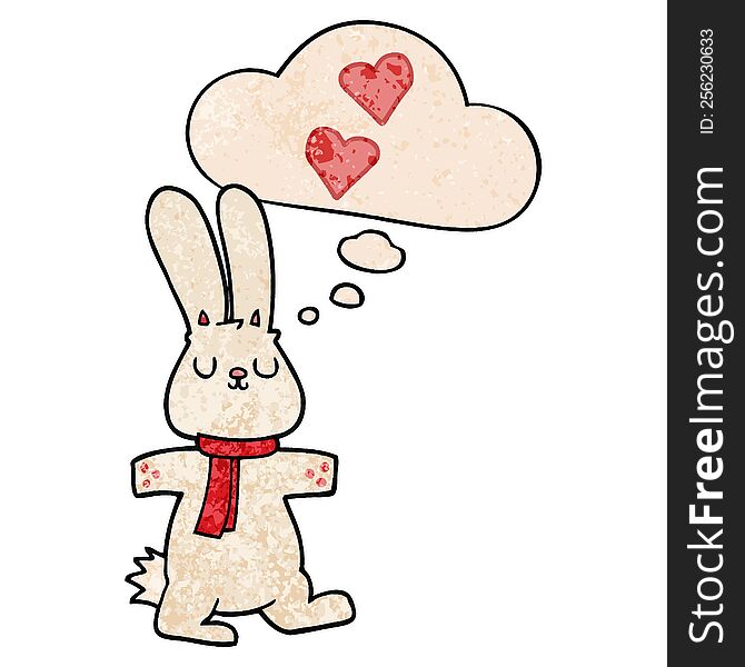 Cartoon Rabbit In Love And Thought Bubble In Grunge Texture Pattern Style