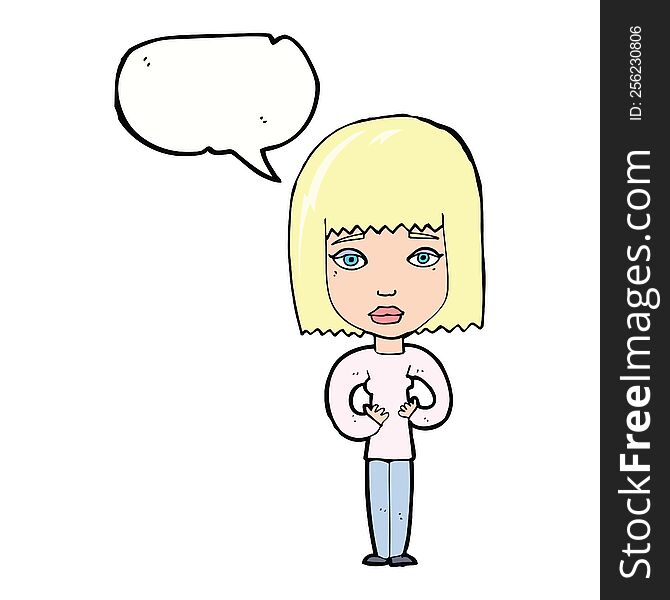 cartoon woman indicating self with speech bubble