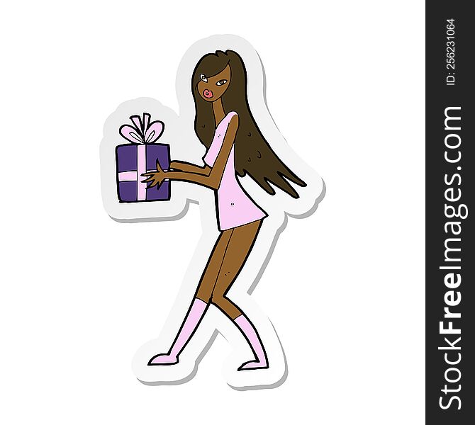 sticker of a cartoon fashion girl with present