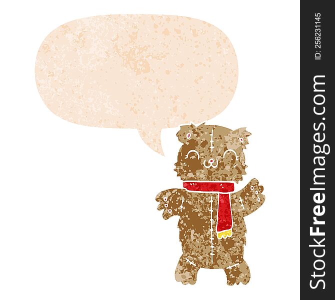 Cartoon Teddy Bear And Speech Bubble In Retro Textured Style