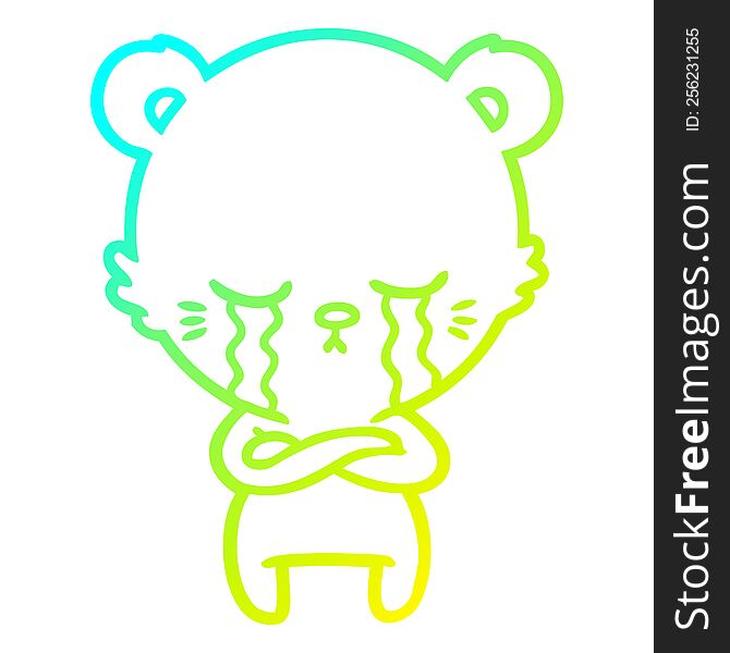 cold gradient line drawing crying cartoon bear with folded arms