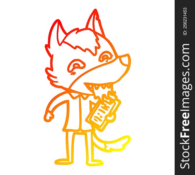 warm gradient line drawing of a cartoon hungry wolf with clip board