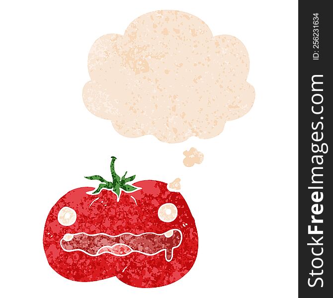 Cartoon Tomato And Thought Bubble In Retro Textured Style