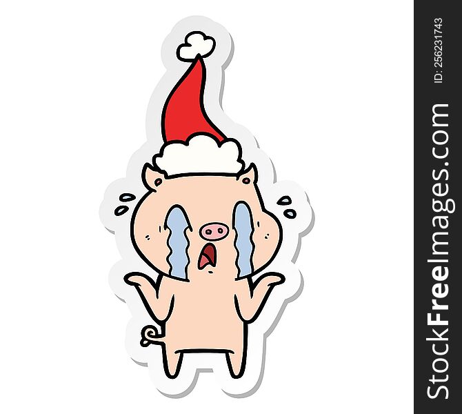 Crying Pig Sticker Cartoon Of A Wearing Santa Hat