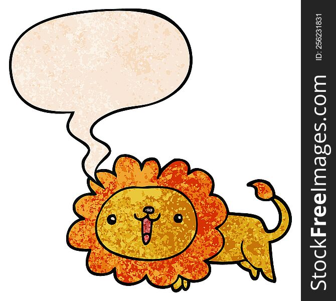 Cute Cartoon Lion And Speech Bubble In Retro Texture Style