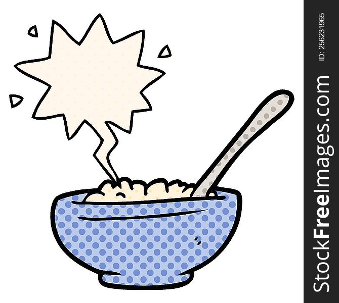 cartoon bowl of rice with speech bubble in comic book style