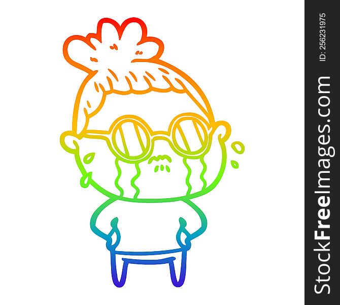 Rainbow Gradient Line Drawing Cartoon Crying Woman Wearing Sunglasses