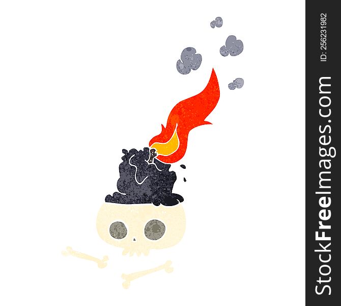 freehand retro cartoon burning candle on skull