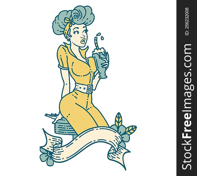 Tattoo Style Icon Of A Pinup Girl Drinking A Milkshake With Banner