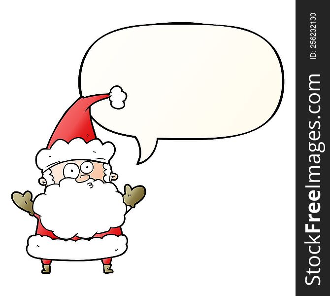 cartoon confused santa claus shurgging shoulders with speech bubble in smooth gradient style