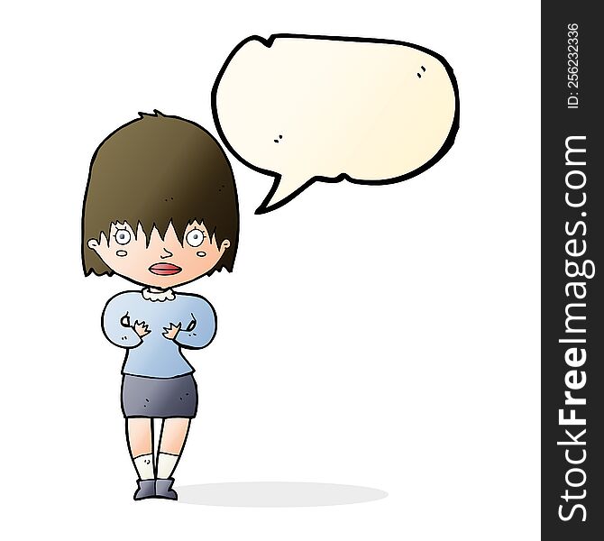 cartoon woman making Who Me gesture with speech bubble