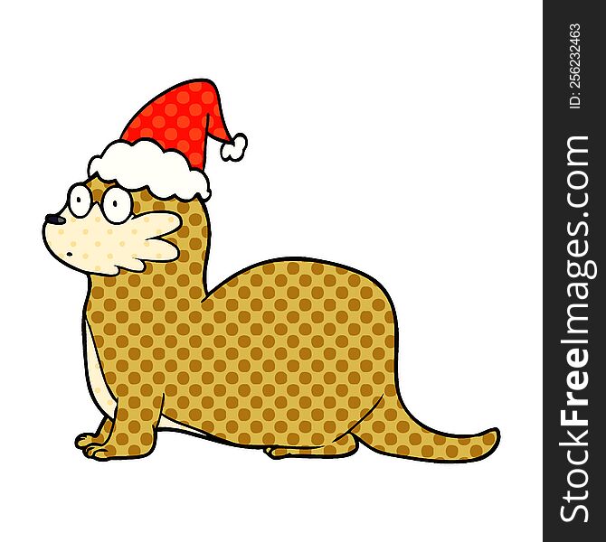hand drawn comic book style illustration of a otter wearing santa hat
