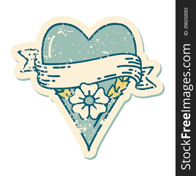 Distressed Sticker Tattoo Style Icon Of A Heart Flower And Banner