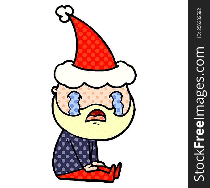 hand drawn comic book style illustration of a bearded man crying wearing santa hat