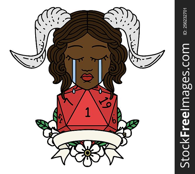 Crying Tiefling With Natural One D20 Dice Roll Illustration
