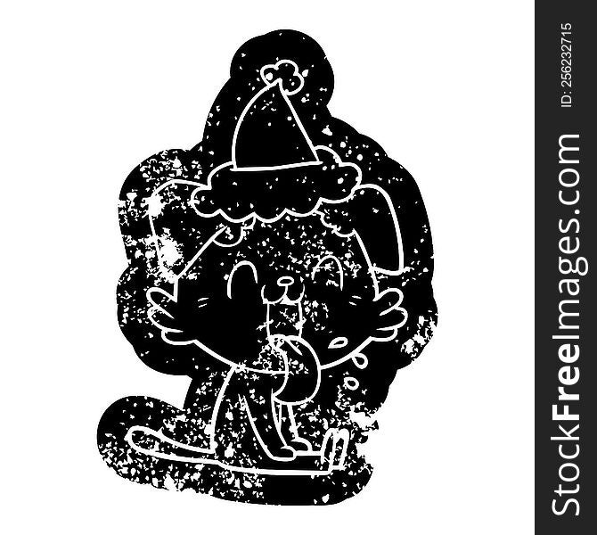 Cartoon Distressed Icon Of A Panting Dog Wearing Santa Hat