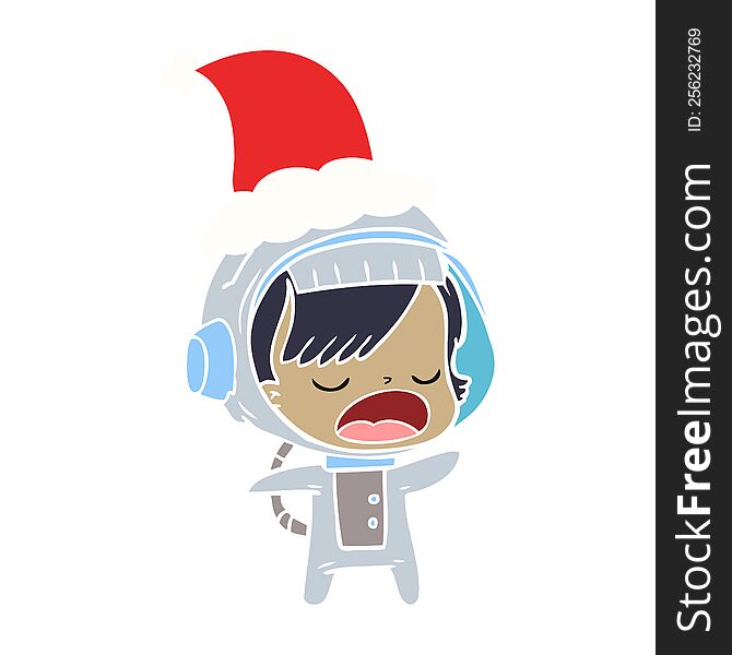 Flat Color Illustration Of A Talking Astronaut Woman Wearing Santa Hat