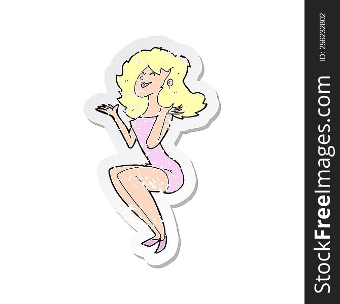 retro distressed sticker of a cartoon attractive woman sitting