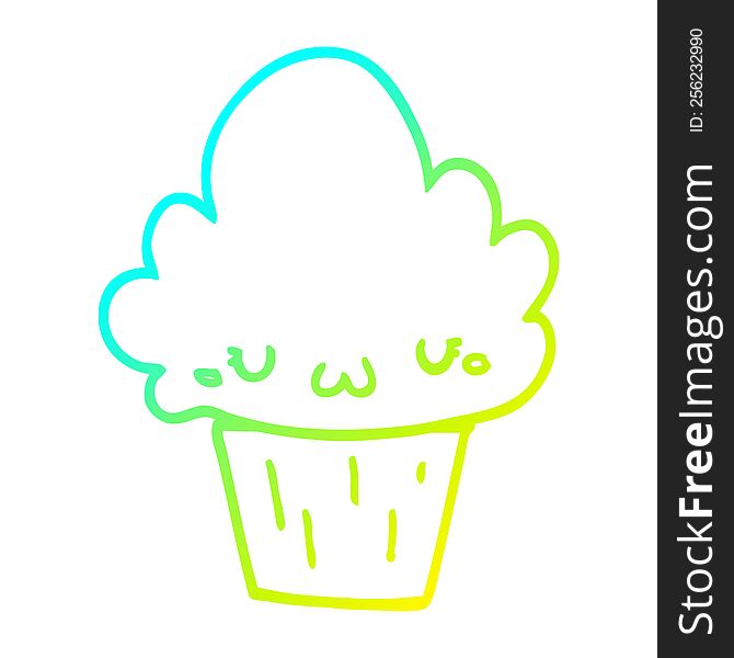 cold gradient line drawing of a cartoon cupcake with face