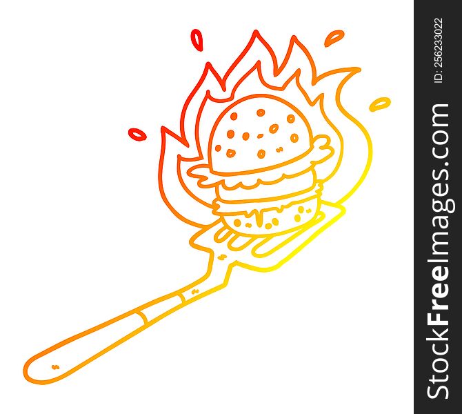 warm gradient line drawing of a cartoon flaming burger on spatula