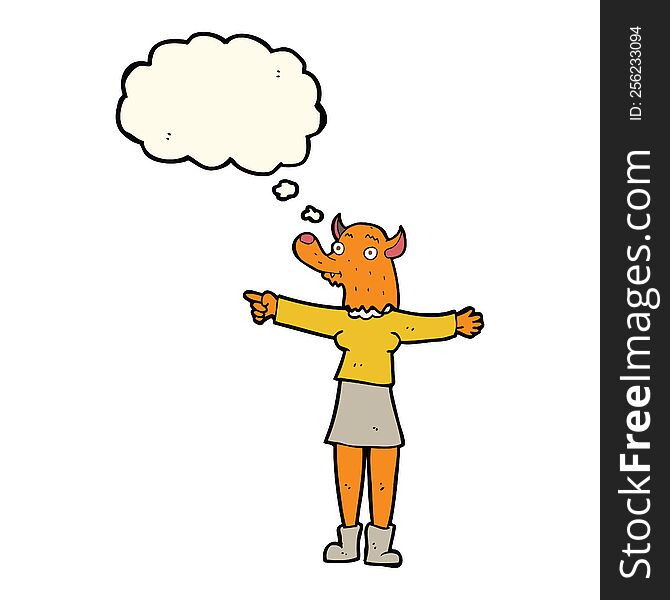 Cartoon Pointing Fox Woman With Thought Bubble