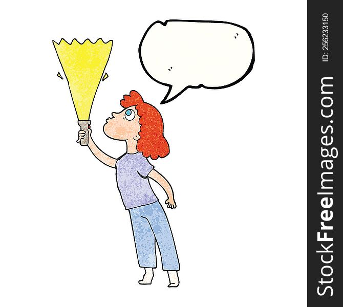 speech bubble textured cartoon woman searching with torch