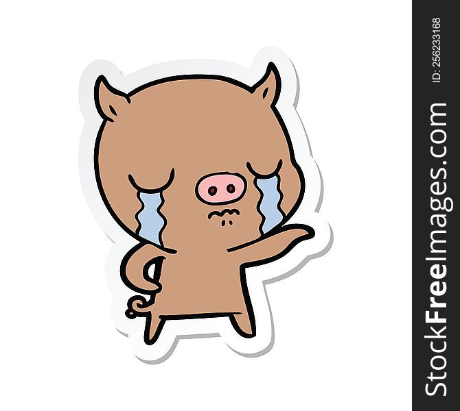 Sticker Of A Cartoon Pig Crying Pointing