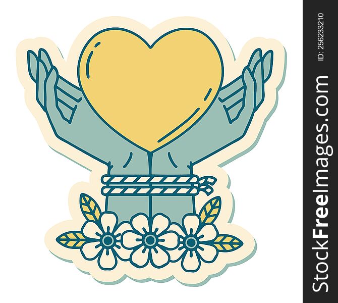 sticker of tattoo in traditional style of tied hands and a heart. sticker of tattoo in traditional style of tied hands and a heart