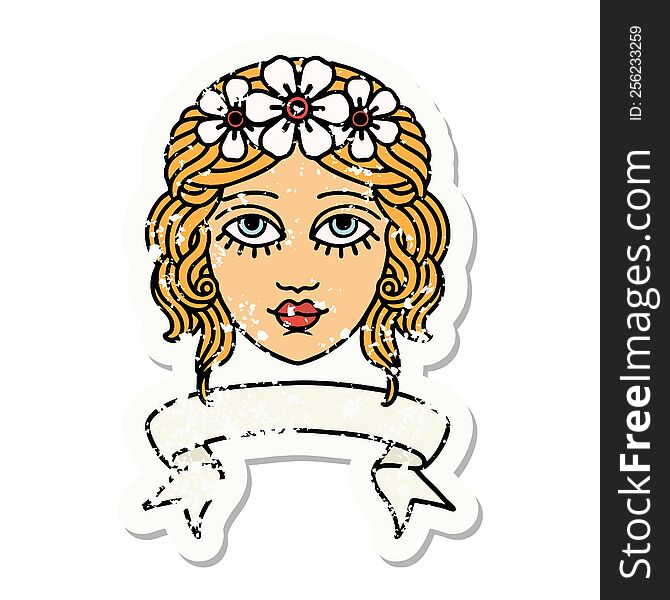 Grunge Sticker With Banner Of Female Face With Crown Of Flowers