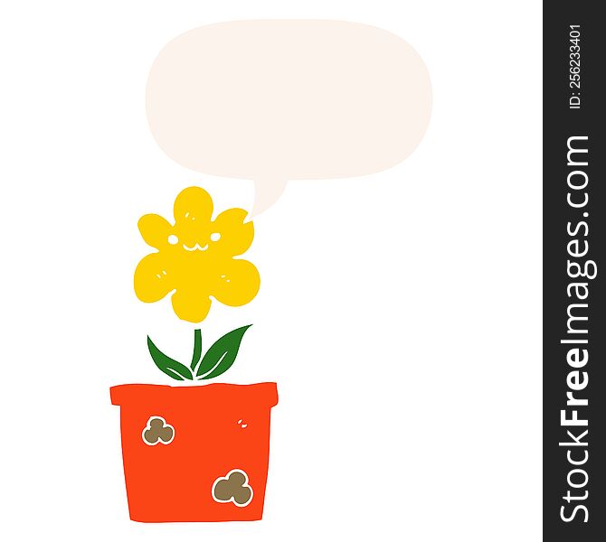 cartoon house plant with speech bubble in retro style