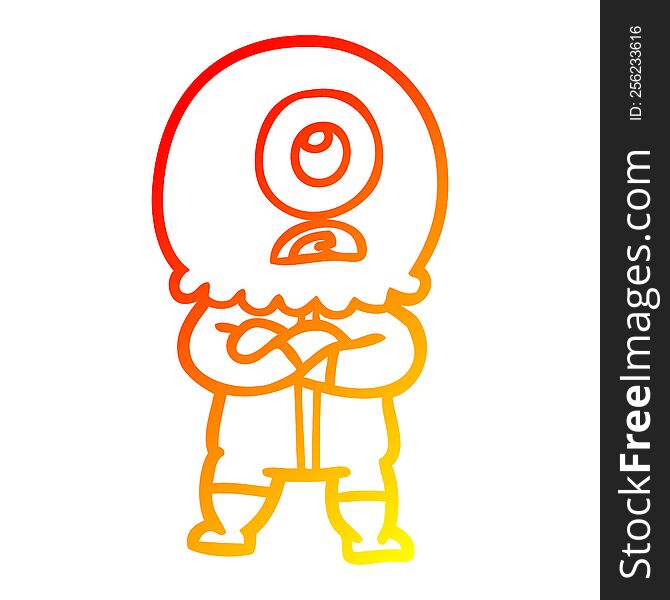 warm gradient line drawing of a annoyed cartoon cyclops alien spaceman