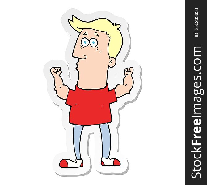 sticker of a cartoon surprised man flexing biceps