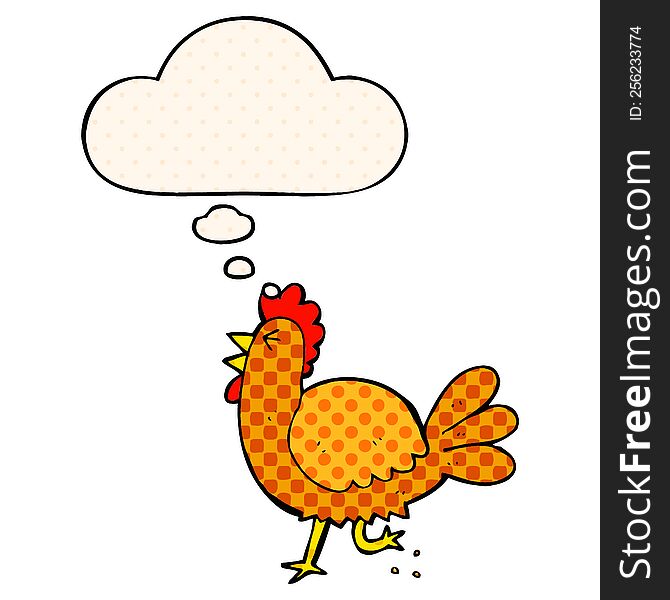 cartoon rooster with thought bubble in comic book style