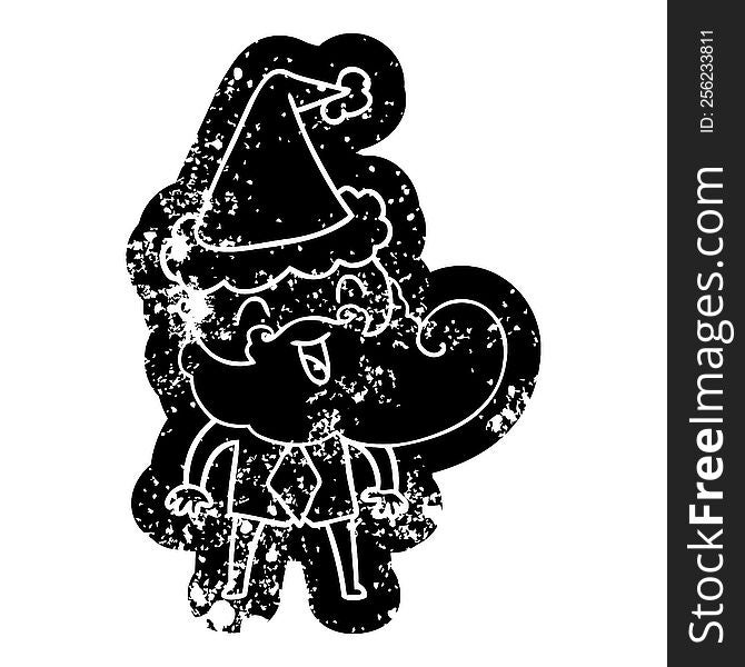 Hand Drawn Cartoon Distressed Icon Of A Happy Bearded Man Wearing Santa Hat