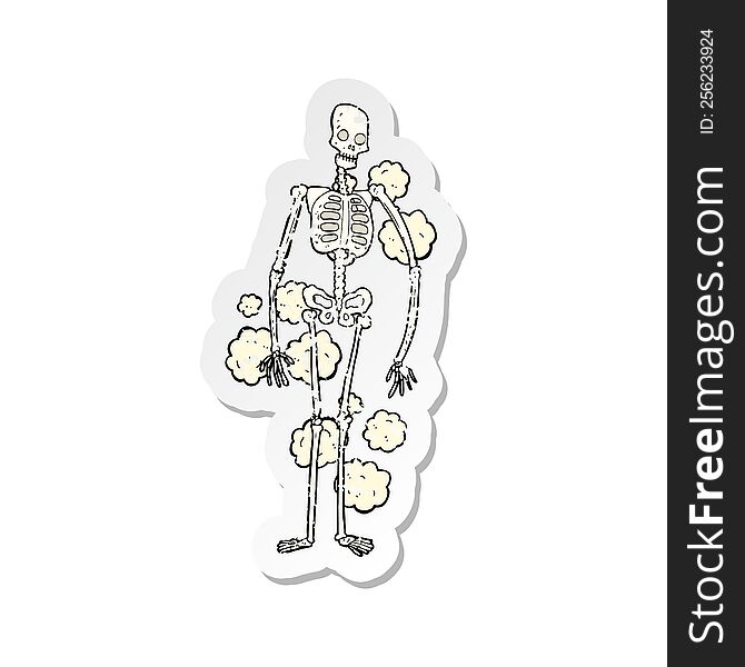 retro distressed sticker of a cartoon dusty old skeleton