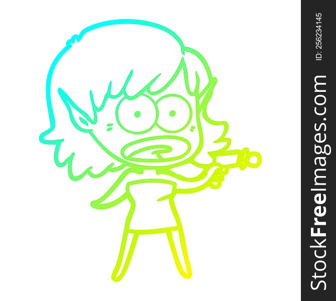 cold gradient line drawing of a cartoon shocked alien girl with ray gun