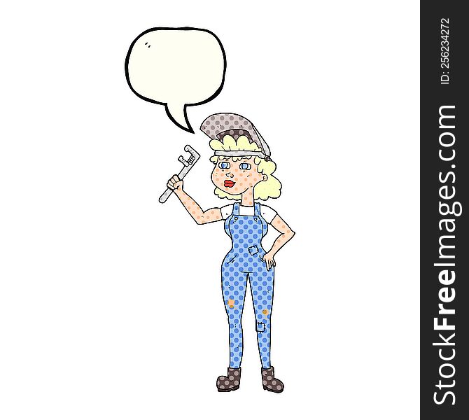 freehand drawn comic book speech bubble cartoon capable woman with wrench