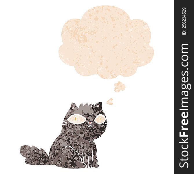 Cartoon Cat And Thought Bubble In Retro Textured Style
