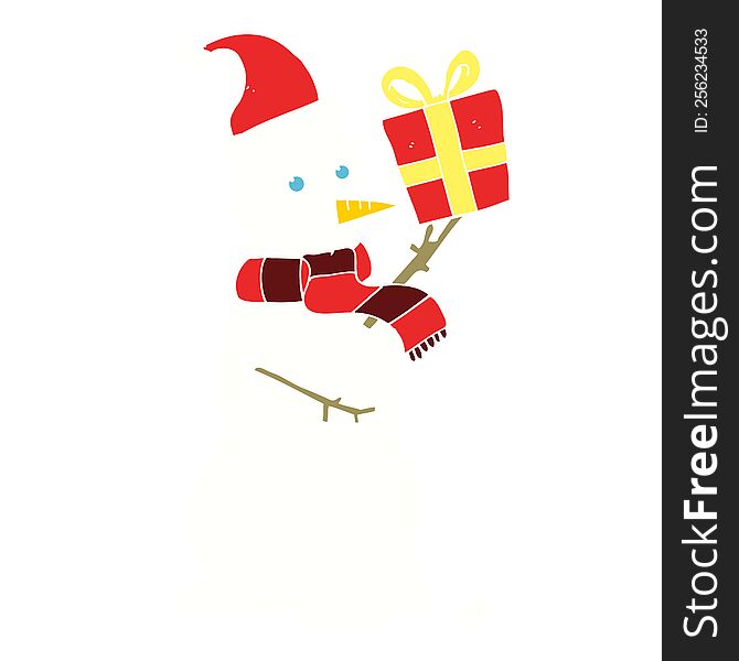 flat color illustration of snowman holding present. flat color illustration of snowman holding present