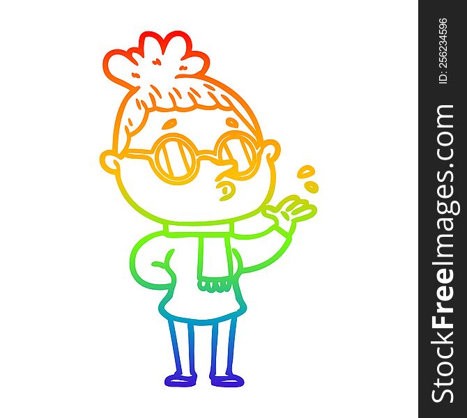 rainbow gradient line drawing of a cartoon woman wearing glasses