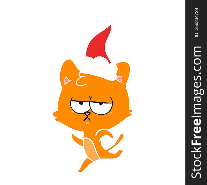 Bored Flat Color Illustration Of A Cat Wearing Santa Hat