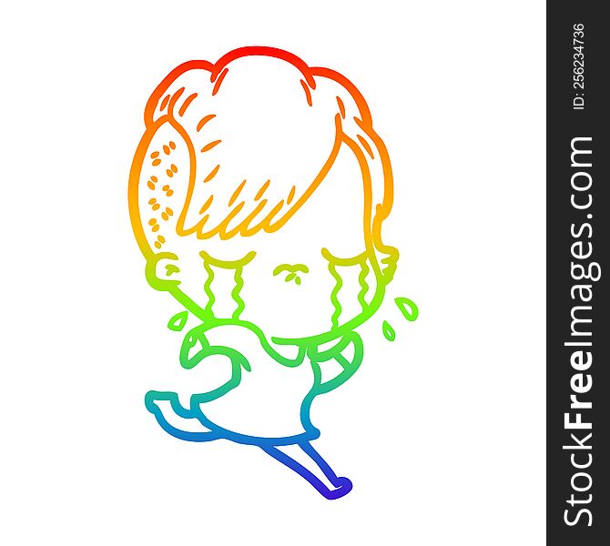 Rainbow Gradient Line Drawing Cartoon Crying Girl Running Away