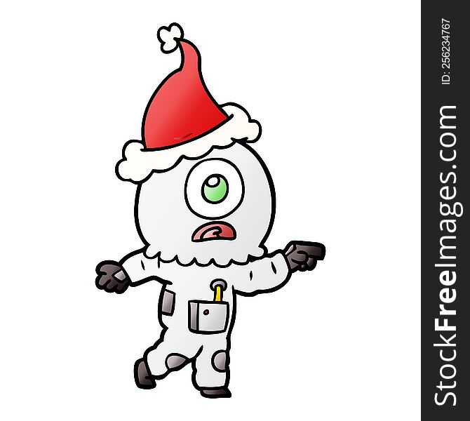 hand drawn gradient cartoon of a cyclops alien spaceman pointing wearing santa hat