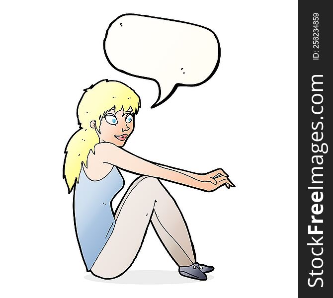 Cartoon Happy Woman Sitting With Speech Bubble