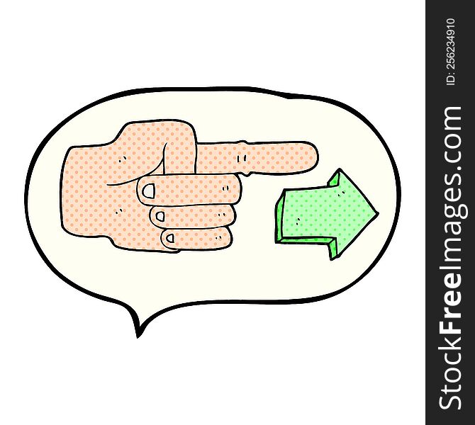 freehand drawn comic book speech bubble cartoon pointing hand with arrow