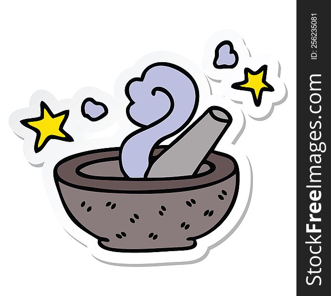 sticker of a quirky hand drawn cartoon magic pestle and mortar