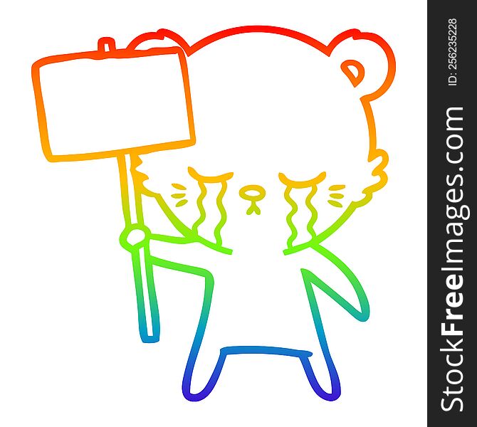 rainbow gradient line drawing crying cartoon bear with sign post