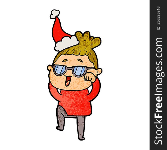 hand drawn textured cartoon of a happy woman wearing spectacles wearing santa hat