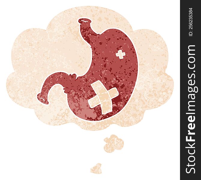 cartoon stomach with thought bubble in grunge distressed retro textured style. cartoon stomach with thought bubble in grunge distressed retro textured style